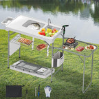 Dragosum Fish Cleaning Table, Portable Folding Camping Table with Folding Grill Extension Board, Fish Cleaning Station with Dual Sinks, Hose Hook Up