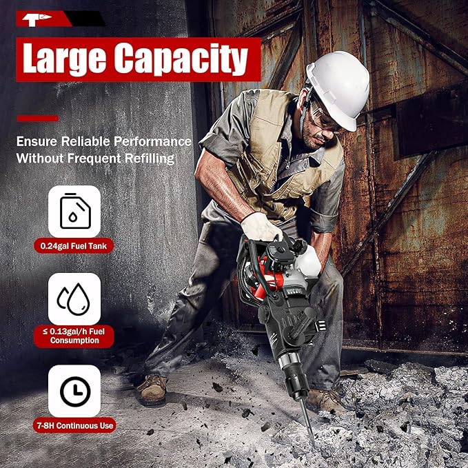 33CC Gasoline Demolition Hammer 36*32mm 2-stroke Gas Powered Jack Hammer Drill Concrete Breaker with Point Flat Chisel for Concrete Bricks Rocks Single Cylinder Air Cooling