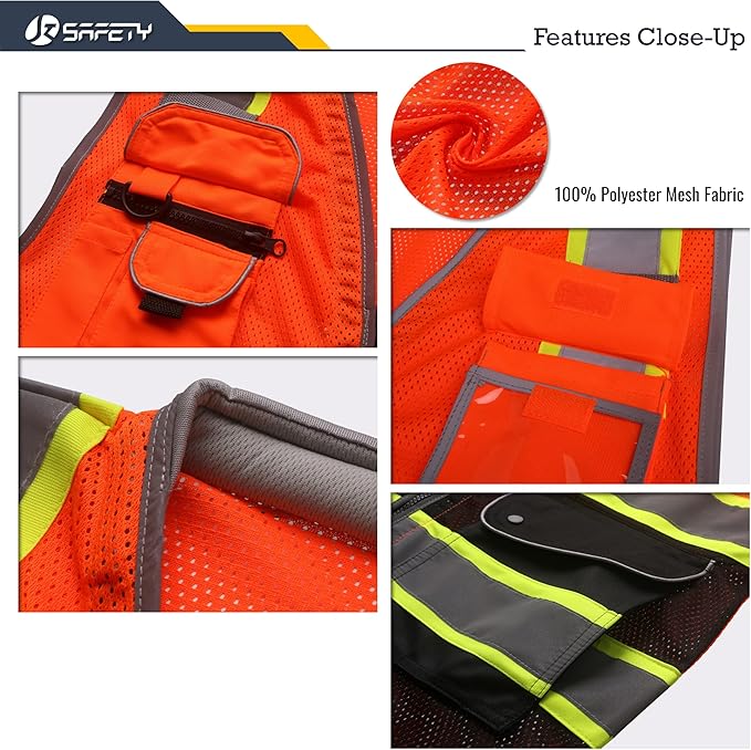 JKSafety 9 Pockets Hi-Vis Safety Vest High Visibility Reflecitive Mesh Safety Vests for Men and Women Cushioned Collar Work Utility PPE Work Gear ANSI/ISEA compliant Class 2 (101-OBlk 3XL)