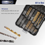PLATINUMEDGE 140PC Multipurpose Drill Bits Set, 88PC Titanium Twist Drill Bits 26 Pc Masonry Drill Bits for Brick, Concrete 26 Pc Brad Point Drill Bits, for Wood, Metal, Masonry with Hard Storage Case