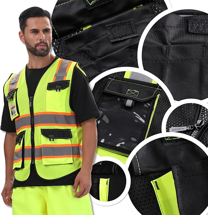 JKSafety Hi Vis Reflective Safety Vests for Men Women High Visibility Vest with Pockets Mesh Fabric Construction Safety Apparel Neon Vest for Work (220-Black 4XL)