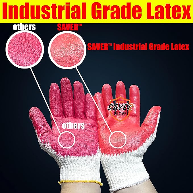 SAVER Non-Slip Red Work Gloves for Construction Latex Rubber Palm Coated - Premium Daily Safety Work Gloves