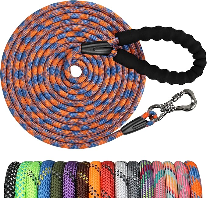 NTR Long Dog Leash, 20FT Check Cord with Swivel Lockable Hook and Comfortable Padded Handle for Reflective Dog Leash for Small Medium and Large Dogs Walking Training Hiking Camping Playing