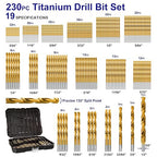 230 Pieces Titanium Twist Drill Bit Set, 135° Tip High Speed Steel, Size from 3/64" up to 1/2", Ideal Drilling in Wood/Cast Iron/Aluminum Alloy/Plastic/Fiberglass, with Hard Storage