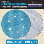 Premium 400 Grit 6" Rhombus Diamond Shape Blue Sanding Discs, 6-Hole, Box of 50 - Hook & Loop Anti-Clogging J-Cloth Dustless Sandpaper for Random Orbital Sanders, Sand Auto Paint, Wood