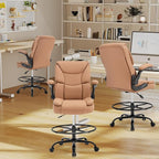 500LBS Drafting Chair, High Back Safer Standing Desk Chair, Executive Tall Office Chair with Flip-up Armrests, Upholstered PU Leather Task Chair, Ergonomic Seat with Adjustable Height&Foot Ring, Brown