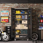 Metal Garage Storage Cabinet with Pegboard, 71''H*32" W*16" D Rolling Tool Cabinets on Wheels with 5 Adjustable Shelves for Garage Home Warehouse Utility Room, Assembly Required,Black