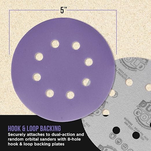 Dura-Gold Premium 1000 Grit 5" Purple Film Ceramic Sanding Discs, 8-Hole Pattern, Box of 50 - Dustless Hook & Loop Backing Sandpaper for DA & Random Orbital Sanders - Detail Color Sand Auto Paint Wood