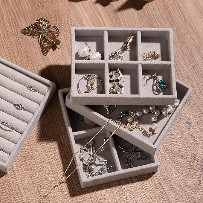 Frebeauty Small Jewelry Tray Set,Stackable Velvet Jewelry Organizer Tray,Mini Jewelry Drawer Organizer,Drawer Inserts,4.92 x 3.74 x 0.9 Inches,6 Grid Earring Organizer for Women(Set 2,Grey)