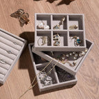 Frebeauty Small Jewelry Tray Set,Stackable Velvet Jewelry Organizer Tray,Mini Jewelry Drawer Organizer,Drawer Inserts,4.92 x 3.74 x 0.9 Inches,4 Grid Earring Organizer for Women(Set 2,Beige)