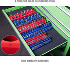 OEMTOOLS 22489 6 Pack Set Metric and SAE Magnetic Socket Organizers, Tool Box Socket Organizer for 1/4, 3/8, and 1/2 Inch Drive Sockets, Red and Blue