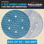 Premium 120 Grit 6" Rhombus Diamond Shape Blue Sanding Discs, 6-Hole, Box of 50 - Hook & Loop Anti-Clogging J-Cloth Dustless Sandpaper for Random Orbital Sanders, Sand Auto Paint, Wood