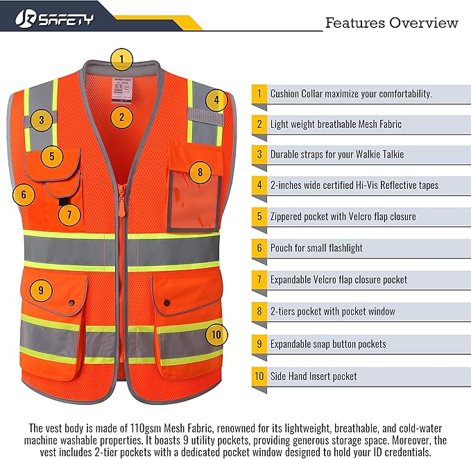 JKSafety 9 Pockets Hi-Vis Safety Vest Breathable Mesh Fabric Cushioned Collar Work Utility PPE Lightweight Industrial Work Gear ANSI/ISEA compliant (101-Orange XL)