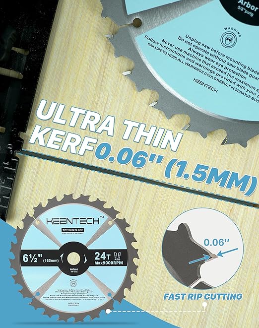 KEENTECH 6-1/2 Inch Woodworking Circular Saw Blade 24T 3-Pack, Tungsten Carbide Tipped, ATAF Grind, 5/8 Inch Arbor Hole
