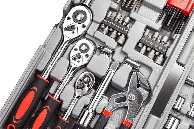CARTMAN 205 Piece Ratchet Wrench Tool Set 1/4" & 3/8" & 1/2" Drive with SAE/Metric Sockets Kit in Plastic Toolbox
