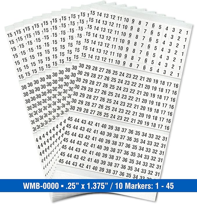 Premium Wire Marker Book for Cable Management, Vinyl-Coated, High-Tack Adhesive, Electric Panel Wire Label Stickers - 10 Pages, 1 Book, 450 Labels Numbered 1-45 (Pack of 25)