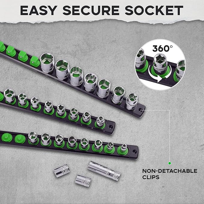 1/4-Inch Drive Magnetic Socket Organizer, Heavy Duty Aluminum Socket Rail Organizer, 360° Swivel Clips Socket Holder Kit for Tool Box, 1/4-Inch Socket Holder x 14 Clips (Green)