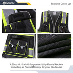 JKSafety 10 Pockets Hi-Vis Neon Color Frontal Zipper Mesh Safety Vest for Men Women Safety Utility for works Comply to ANSI/ISEA Standards (86-Black L)