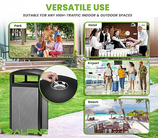 Alpine Outdoor Commercial Trash Can with Lid - 40 Gallon Heavy Duty Metal Garbage Can with Removable Bin, Locking Lid for a Modern Look in Parks, Parkings & High Traffic Areas (Black & Grey with Tray)