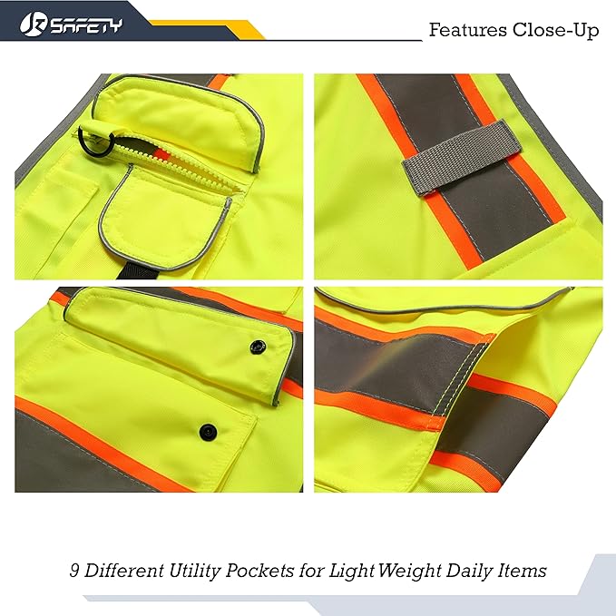 JKSafety 9 Pockets Hi-Vis Neon Yellow Color Zipper Front Safety Vest with Fluorescent Orange Extend Edge outlining the Reflective Tapes Meet ANSI/ISEA Class 2 Standard (901-Yellow, 4XL)