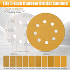 Maxdot 200 Pcs 5 Inch Sanding Discs 8-Hole Hook and Loop Gold Sandpaper Mixed Grits, 60, 80, 100, 120, 150, 220, 320, 400, 600, 800 for Random Orbit Sander