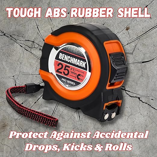 Benchmark - 3 Pack - 25 ft Tape Measures - Easy to Read Fractions to 1/8th inch - Magnetic Tip - Thumb and Quick Lock - Autowind - Belt Clip - Orange/Red