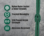 BORED? PARACORD! 550 lb Paracord - Ideal for Crafting, Camping, DIY Projects, Active & Military Outdoors - Strong Survival Rope - Tactical Parachute Cord Type III - Kelly Green 50 Feet