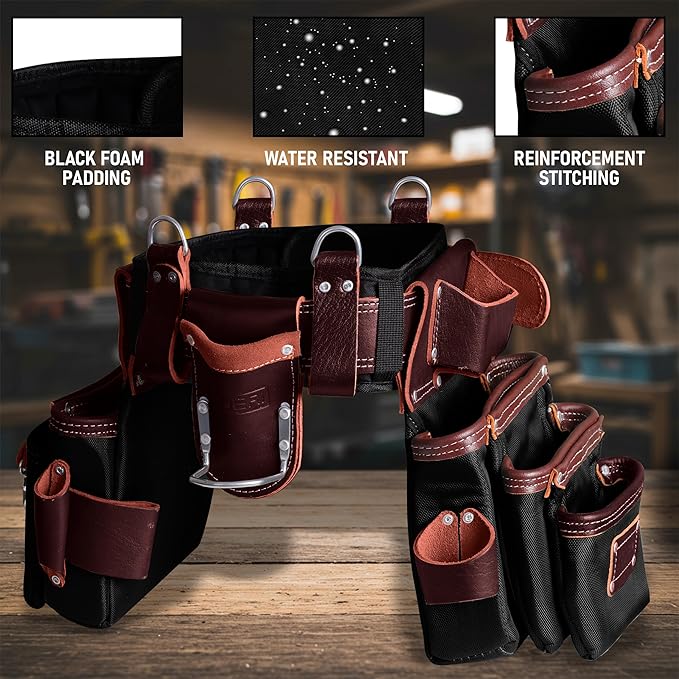 FUERI Tool Belt With Suspender Men Carpenter Pouches Construction Bags Electrician Belts Framer Worker Pouch Bag Holder Organizer 26 Pocket Nylon Leather Maroon Professional Set - Extra Large