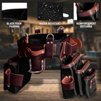 FUERI Tool Belt With Suspender Men Carpenter Pouches Construction Bags Electrician Belts Framer Worker Pouch Bag Holder Organizer 26 Pocket Nylon Leather Black Professional Set - Extra Large