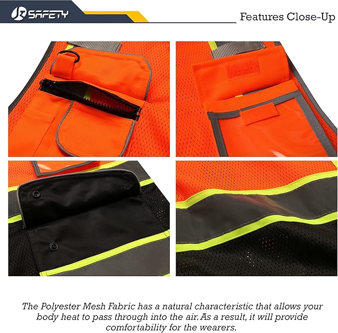 JKSafety 9 Pockets Class 2 High Visibility Dual Color Zipper Front MESH Lite Safety Vest | Yellow Color Triming Reflective Strip | ANSI/ISEA Standards (100-Orange-Black, M)