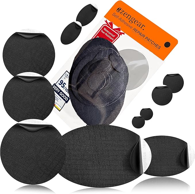 aZengear Repair Patches - Waterproof, Self-Adhesive, Tear-Cold-Heat-Resistant Polyester Fabric to Fix Down Jacket, Puffer, Snowsuit, Shoe, Tent, PVC, Clothing, Upholstery (Black)
