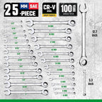 SK Ratcheting Wrench Set, Combination Wrench Set, 25-Piece, SAE 1/4" to 1", Metric 8 to 19mm, 72-Tooth, Premium CR-V Construction, with Rack Organizer