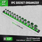 ALOANES Magnetic Socket Organizer, 1/2-Inch Drive Aluminum Socket Holder Socket Tray, Heavy Duty Socket Rail Organizer for Tool Box Drawer, 360°Swivel Clips Socket Rack 1/2-Inch x 12 Clips (Green)