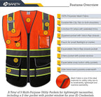 JKSafety 9 Pockets Class 2 High Visibility Dual Color Zipper Front MESH Lite Safety Vest | Yellow Color Triming Reflective Strip | ANSI/ISEA Standards (100-Orange-Black,3XL)