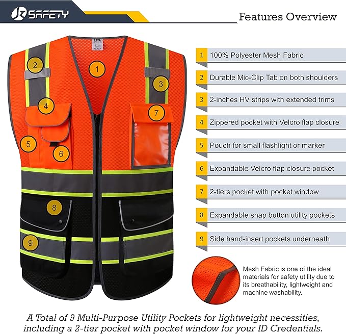 JKSafety 9 Pockets Class 2 High Visibility Dual Color Zipper Front MESH Lite Safety Vest | Yellow Color Triming Reflective Strip | ANSI/ISEA Standards (100-Orange-Black, M)