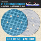 Premium 220 Grit 6" Rhombus Diamond Shape Blue Sanding Discs, 6-Hole, Box of 50 - Hook & Loop Anti-Clogging J-Cloth Dustless Sandpaper for Random Orbital Sanders, Sand Auto Paint, Wood