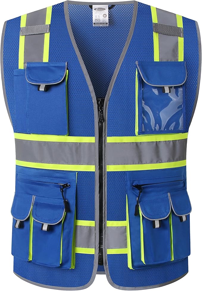 JKSafety 10 Pockets Hi-Vis Neon Color Frontal Zipper Mesh Safety Vest for Men Women Safety Utility for works Comply to ANSI/ISEA Standards (86-Blue XL)