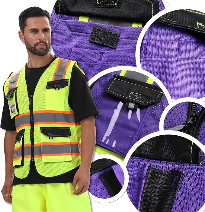 JKSafety Hi Vis Reflective Safety Vests for Men Women High Visibility Vest with Pockets Mesh Fabric Construction Safety Apparel Neon Vest for Work (220-PurpleB M)