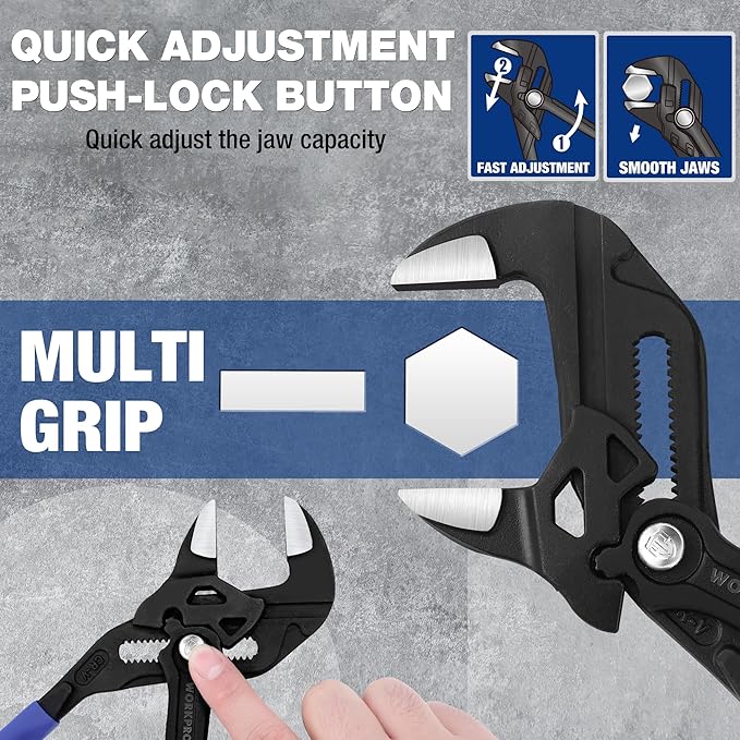 WORKPRO 10-Inch Pliers Wrench, CR-V Construction Wrench Pliers, Adjustable Parallel Smooth Jaw Pliers, Black Finish, Groove Lock Mechanism