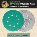 Dura-Gold Premium 120 Grit 5" Green Film Sanding Discs, 8-Hole Pattern, Box of 50 - Dustless Hook & Loop Backing Sandpaper for DA & Random Orbital Sanders, Sand Automotive Paint Woodworking Furniture