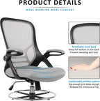 HYLONE Drafting Chair, Tall Office Chair Standing Desk Chair Grey Mesh High-Back Drafting Stool with Flip-Up Arms, Adjustable Foot Ring