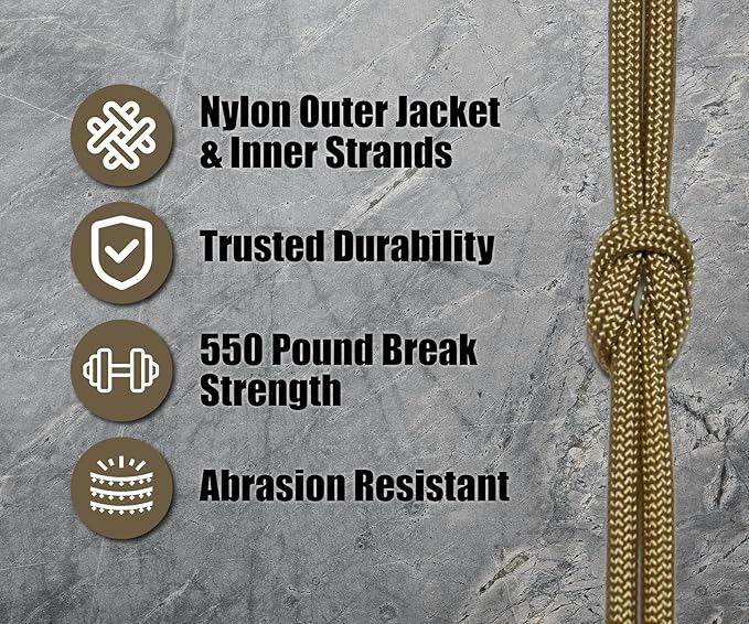 BORED? PARACORD! 550 lb Paracord - Ideal for Crafting, Camping, DIY Projects, Active & Military Outdoors - Strong Survival Rope - Tactical Parachute Cord Type III - Gold 100 Feet
