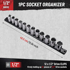 ALOANES Magnetic Socket Organizer, 1/2-Inch Drive Aluminum Socket Holder Socket Tray, Heavy Duty Socket Rail Organizer for Tool Box Drawer, 360°Swivel Clips Socket Rack 1/2-Inch x 12 Clips (Black)