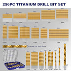 276pc Titanium Twist Drill Bit Set with S2 Bits 135° Tip High Speed Steel, Size from 1/16" up to 1/2", Ideal in Wood Cast Iron Aluminum Alloy Plastic Fiberglass, Clear Lid Case