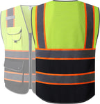 JKSafety 9 Pockets Class 2 High Visibility Dual Color Zipper Front MESH Lite Safety Vest | Orange Color Triming Reflective Strip | ANSI/ISEA Standards (100-Yellow-Black, XL)