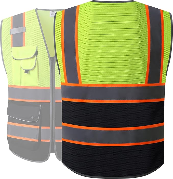 JKSafety 9 Pockets Class 2 High Visibility Dual Color Zipper Front MESH Lite Safety Vest | Orange Color Triming Reflective Strip | ANSI/ISEA Standards (100-Yellow-Black, 3XL)