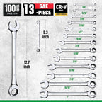SK Ratcheting Wrench Set, Combination Wrench Set, 13-Piece, SAE 1/4" to 1", 72-Tooth, Premium CR-V Construction, with Rack Organizer