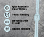 BORED? PARACORD! 550 lb Paracord - Ideal for Crafting, Camping, DIY Projects, Active & Military Outdoors - Strong Survival Rope - Tactical Parachute Cord Type III - White 50 Feet