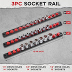 3-Piece Magnetic Socket Organizer, Heavy Duty Aluminum Socket Rails Organizer, 360° Swivel Clips Socket Holder Kit for Tool Box, 1/2, 3/8, 1/4-Inch Socket Holder x 40 Clips (Red)