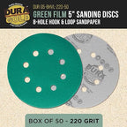 Dura-Gold Premium 220 Grit 5" Green Film Sanding Discs, 8-Hole Pattern, Box of 50 - Dustless Hook & Loop Backing Sandpaper for DA & Random Orbital Sanders, Sand Automotive Paint Woodworking Furniture
